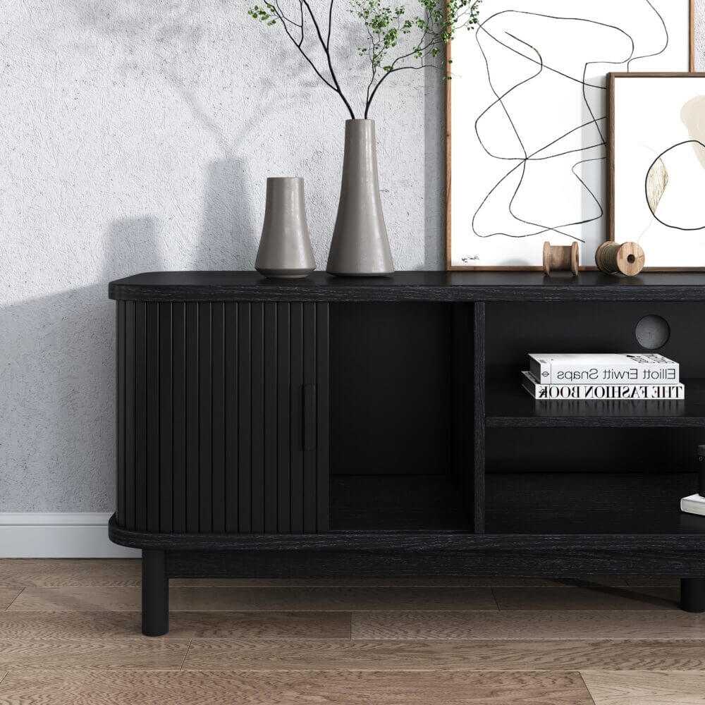 160cm Entertainment Unit Ribbed Black Media Console