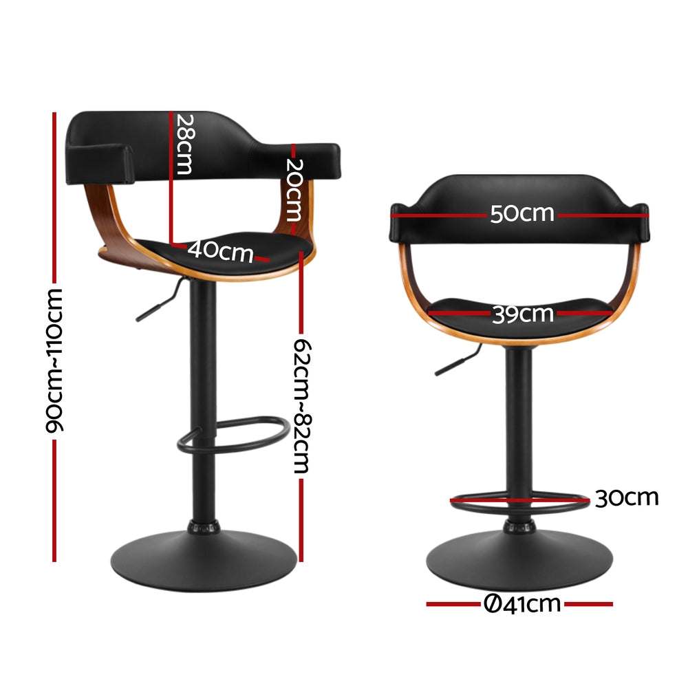 Selina Gas Lift Leather Bar Stools With Armrest - Black
