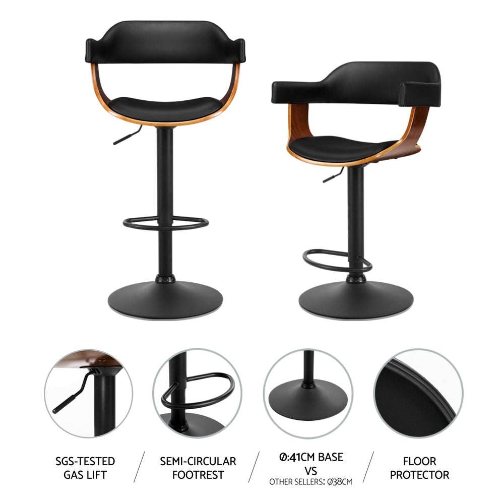 Selina Gas Lift Leather Bar Stools With Armrest - Black