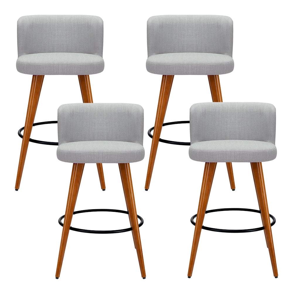 4x Bar Stools Linen Padded Wooden Grey