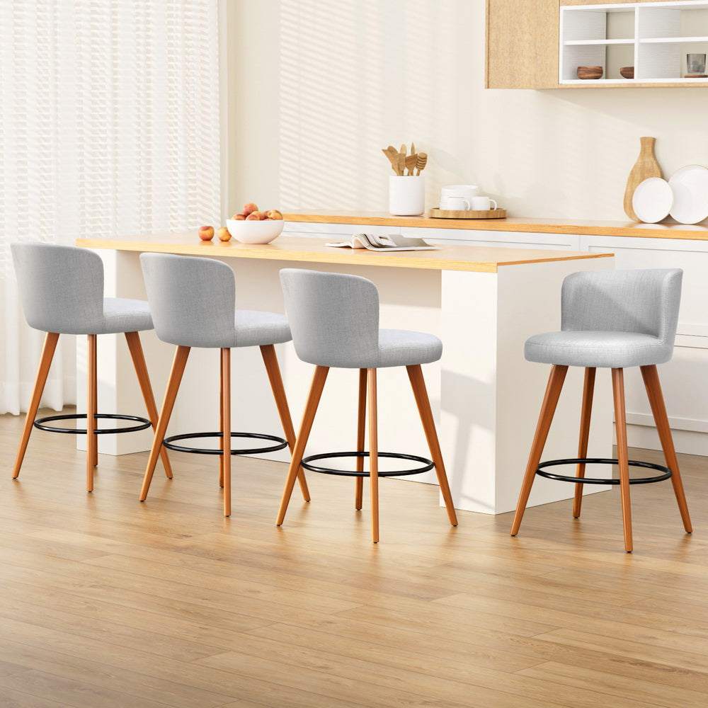 4x Bar Stools Linen Padded Wooden Grey