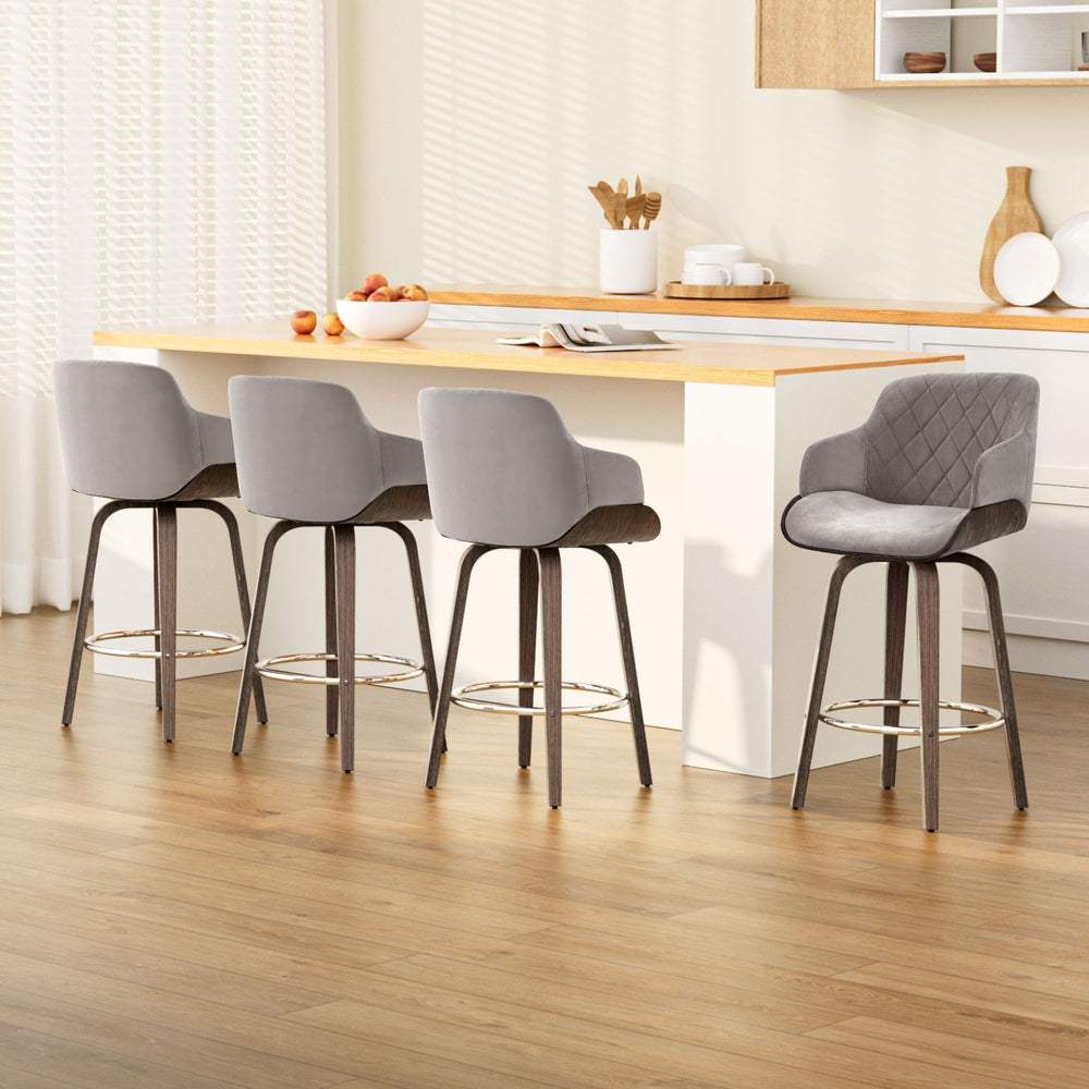 June 4x Wooden Bar Stools Swivel Velvet Padded