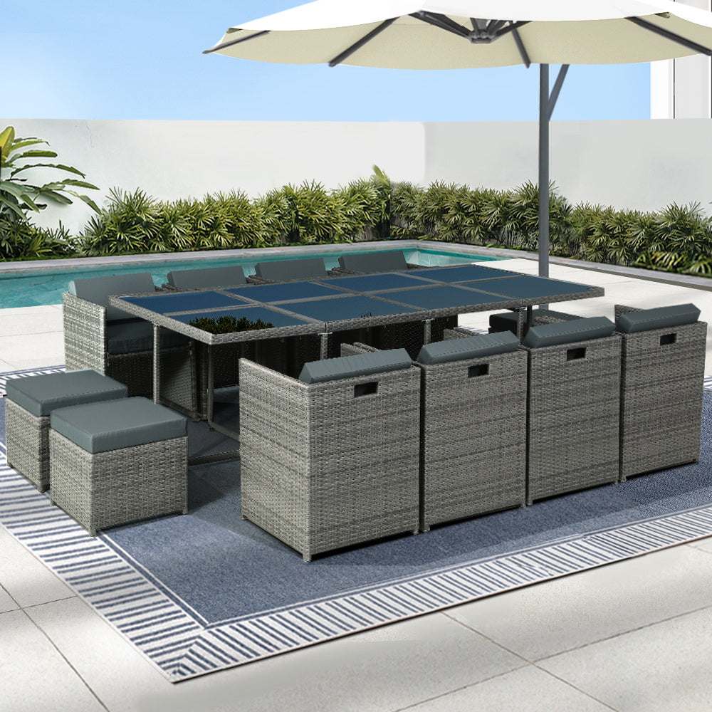 Gardeon 13 Piece Outdoor Dining Set Wicker Table Chairs Setting - Grey