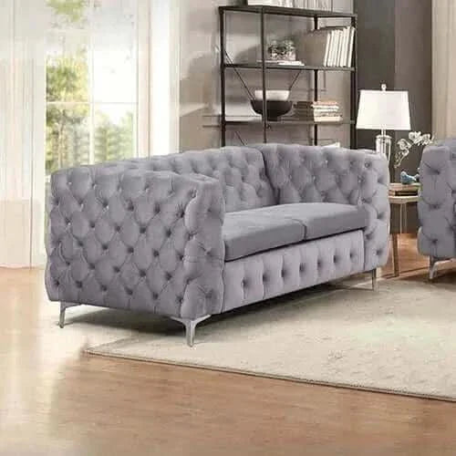 Classic Button Tufted Lounge Velvet Fabric Grey Two Seater Sofa
