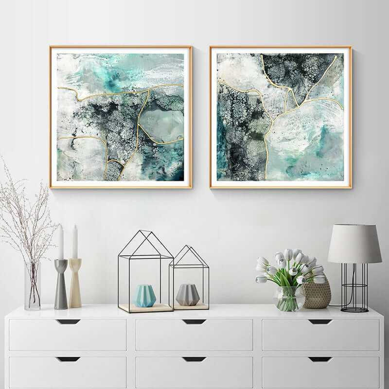 Gold Frame Canvas Marbled Green 70cmx70cm Wall Art 2 Set