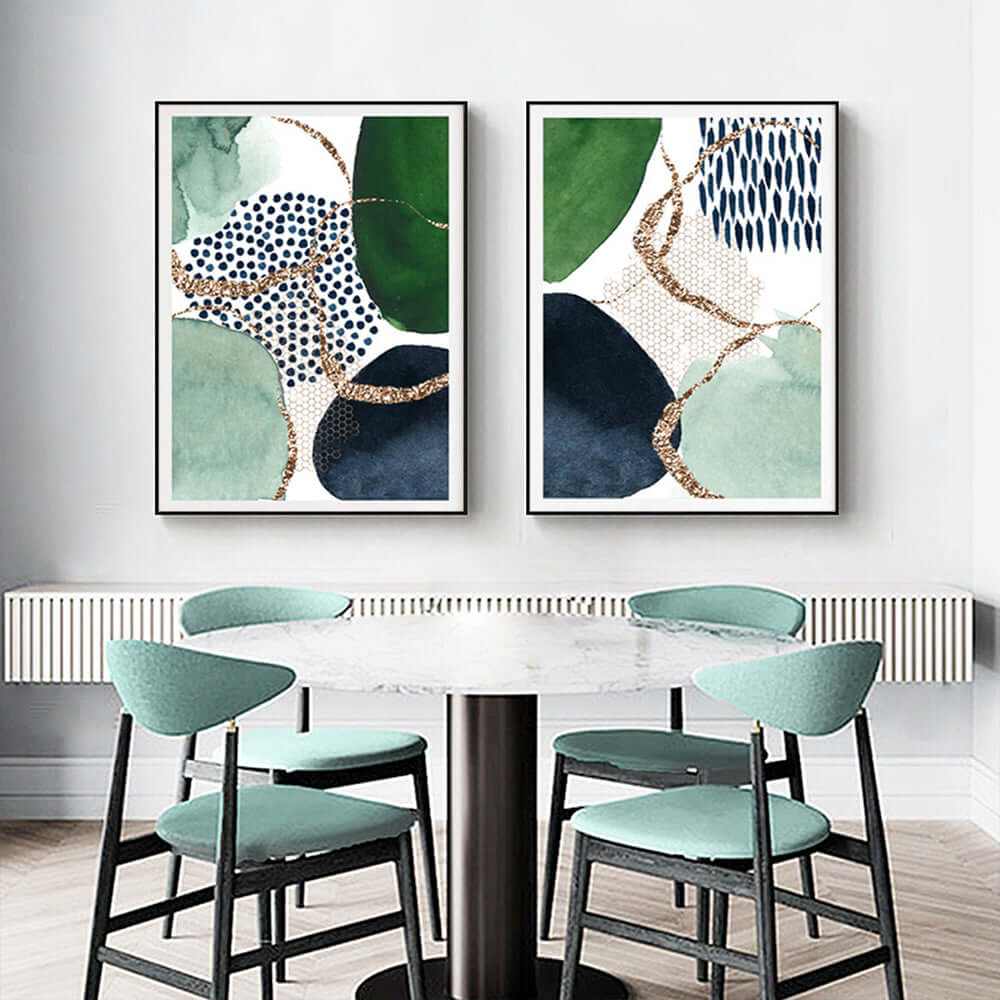 60cmx90cm Abstract Green and Navy 2 Sets Wall Art Black Frame Canvas