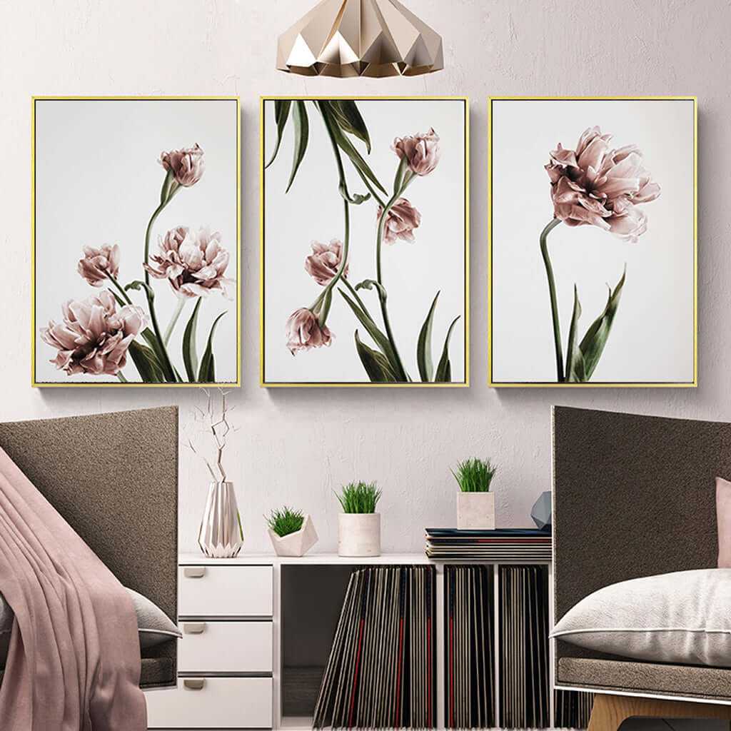 Three Piece Wall Art 40cmx60cm Tulip Flower Gold Frame Canvas