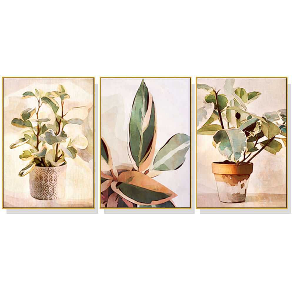 40cmx60cm Botanical Leaves Watercolour Style 3 Sets Gold Frame Canvas 
