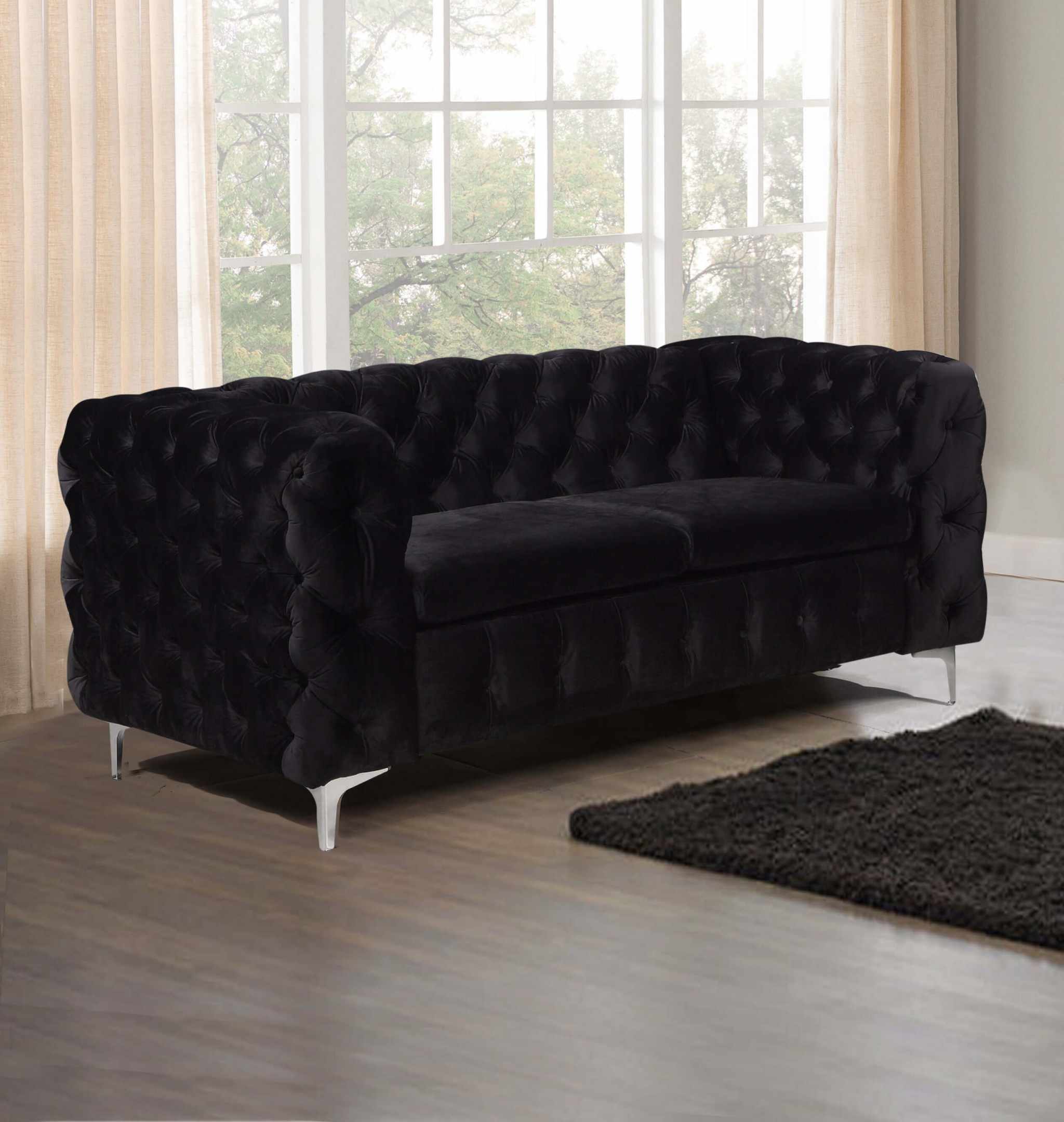 Classic Button Tufted in Black Velvet Fabric Sofa 2 Seater for Living 