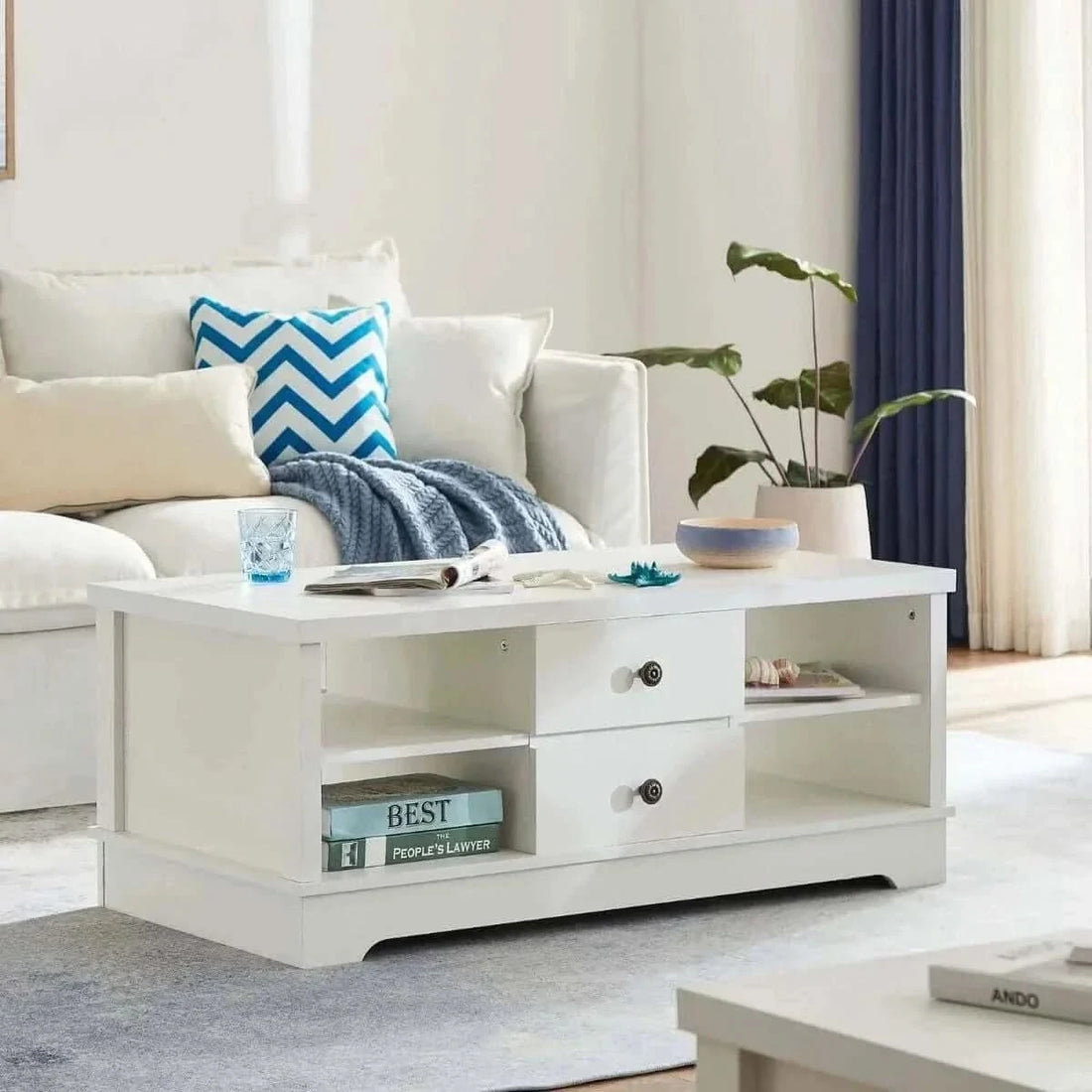 Margaux Coastal Style White Coffee Table with Storage Drawers
