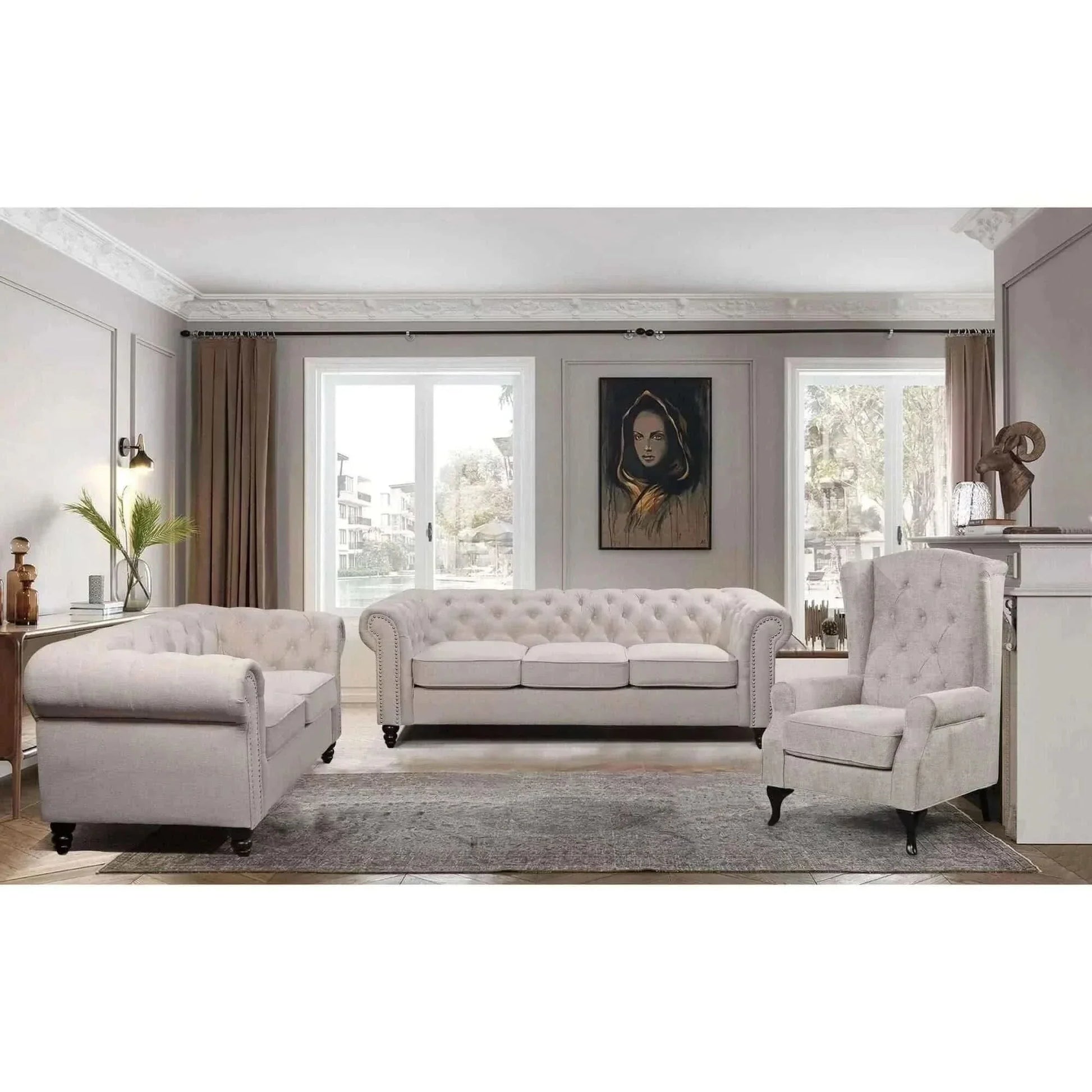 Mellowly Fabric Upholstered Chesterfield 2 Seater Sofa Couch - Beige