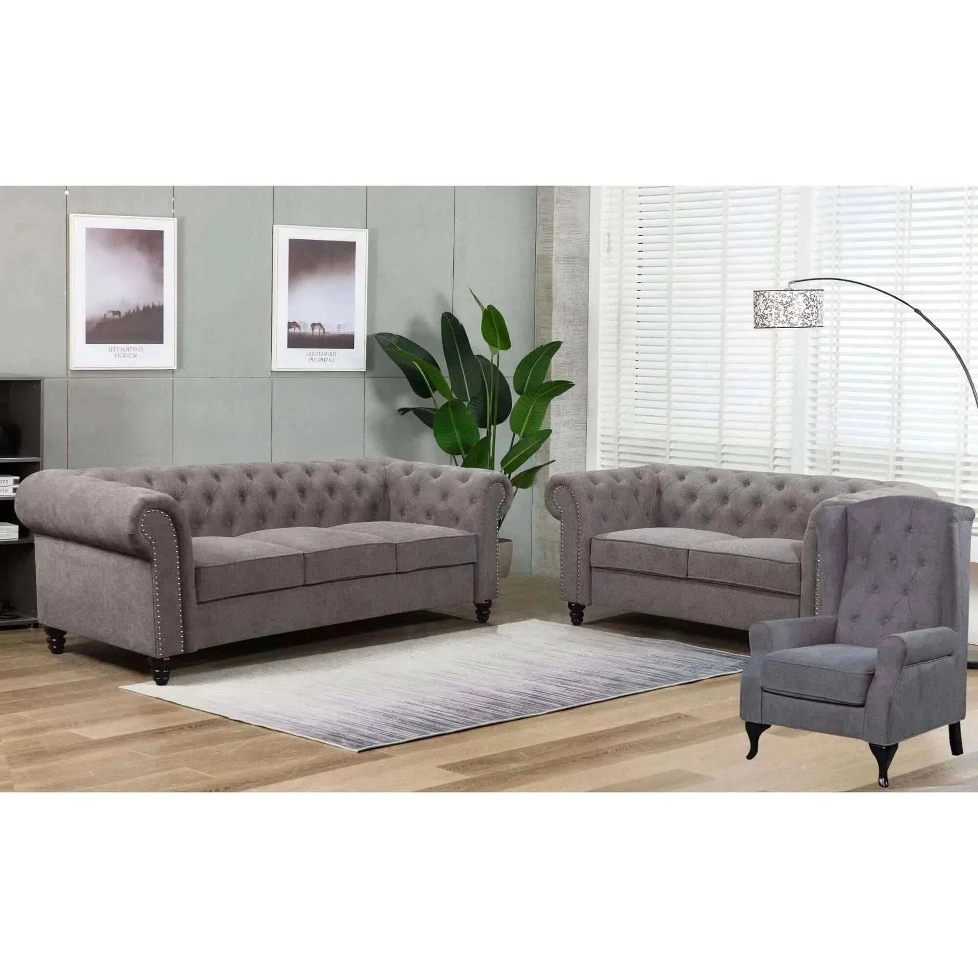 Mellowly Fabric Uplholstered Chesterfield Two Seater Couch - Grey